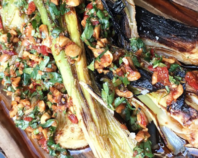 BBQ’d Leeks with Harissa & Hazelnut