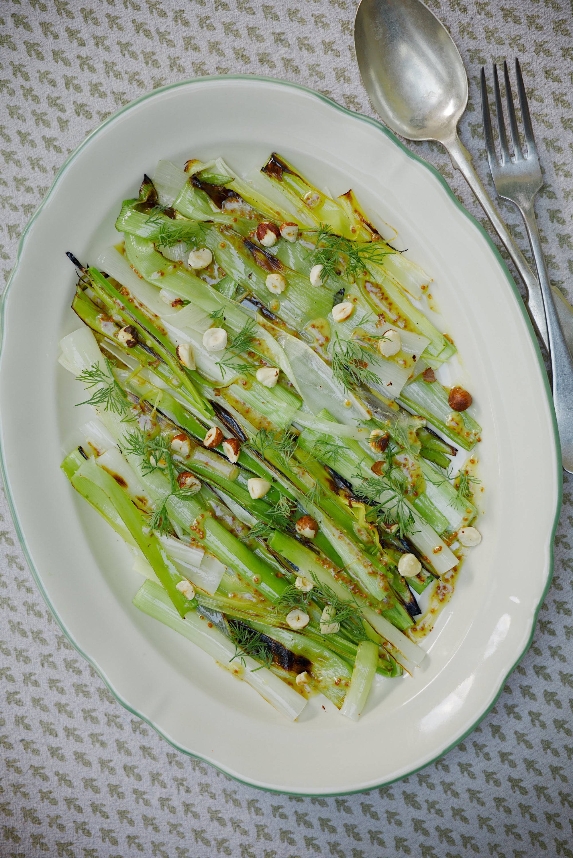 BBQ Leeks, Mustard Vinaigrette, Grill-Toasted Hazelnuts & Dill