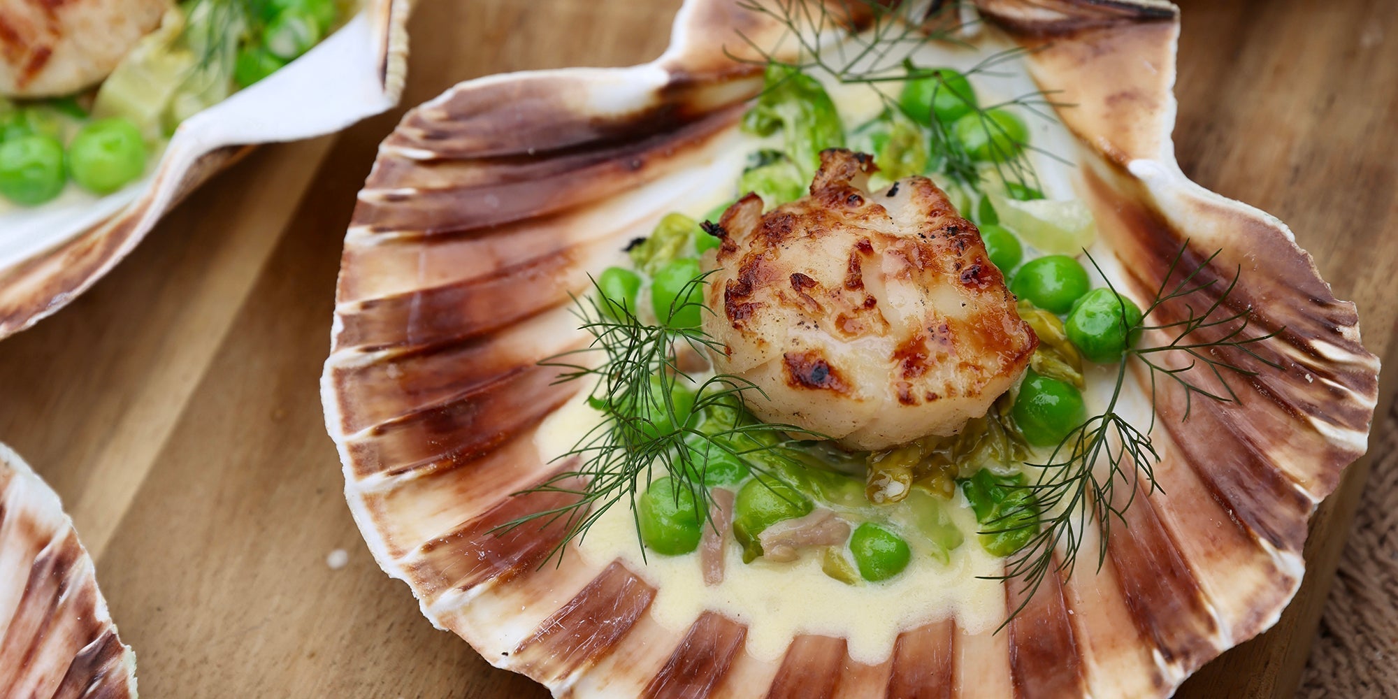 Scallops with Elderflower Butter, Peas & Pancetta