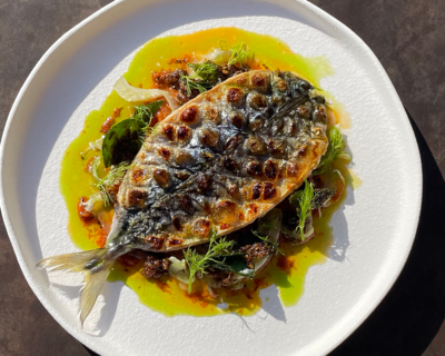 Grilled mackerel, burnt tomato chutney, deep fried ginger pickle & fennel